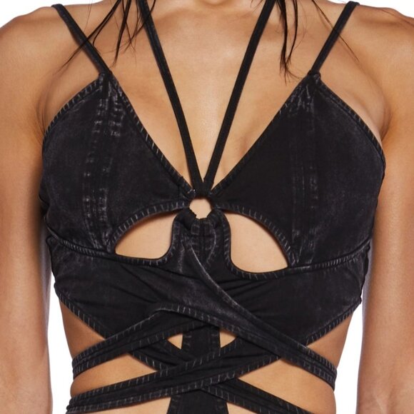NWT Darker Wavs x Dolls Kill Black Washed Strappy Cutout Detail Bodysuit - Picture 3 of 10